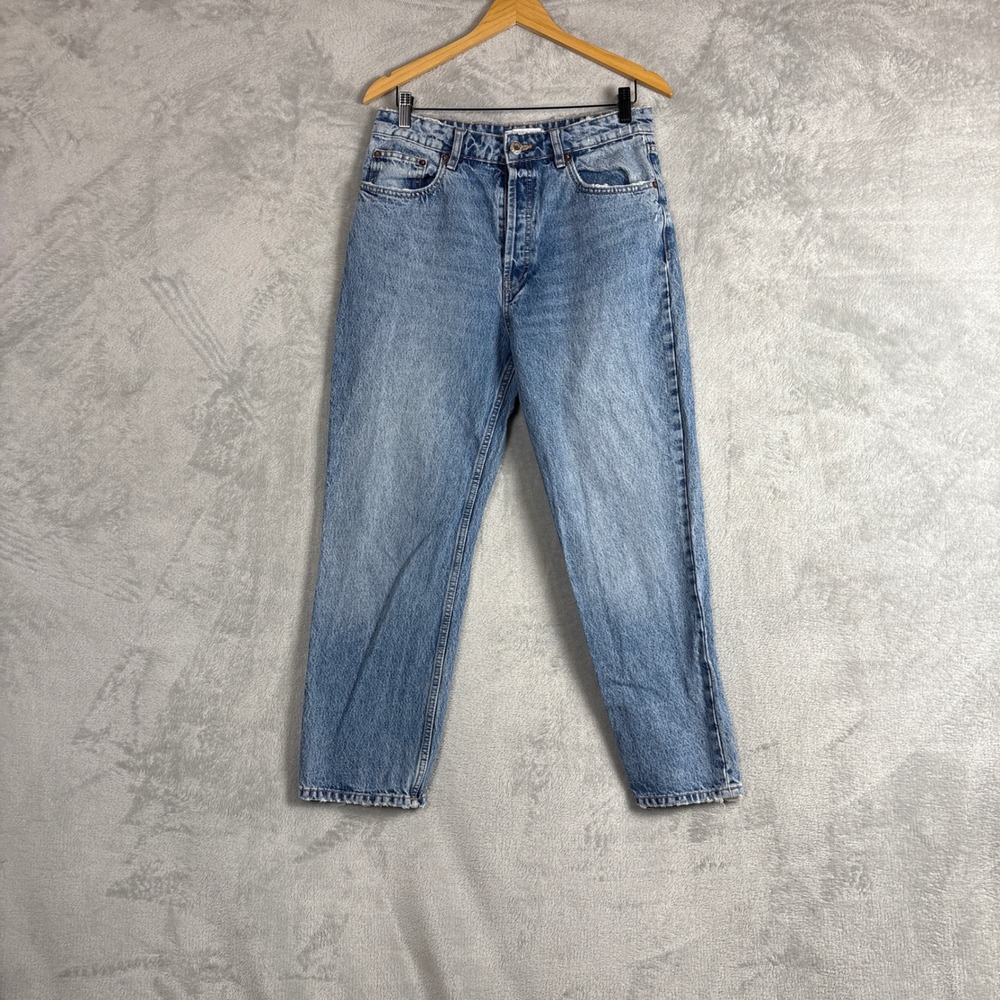 Zara Women High Rise Mom Jeans Light Blue Wash Cotton Straight Leg Size 10 42‎